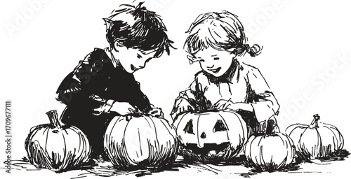 Vintage sketch of children carving pumpkins for Halloween, black and white retro line art doodle illustration.