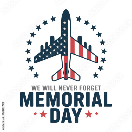 Memorial day aviation badge, jet silhouette graphic, patriotic star circle, minimal design, tribute poster style, american remembrance vector