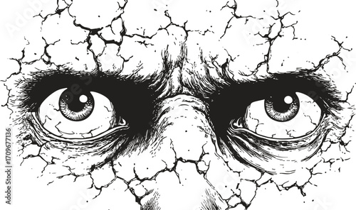 Creepy cracked face with staring eyes, black and white horror line art sketch illustration in gothic style.