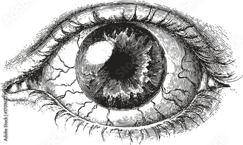Vintage anatomical sketch pencil illustration of human eye with detailed iris, veins. Vector line art black horror medical elements. 