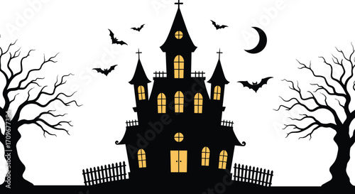 Spooky haunted house illustration with glowing windows, creepy bats flying, bare trees, crescent moon, fence, and eerie night atmosphere vector.