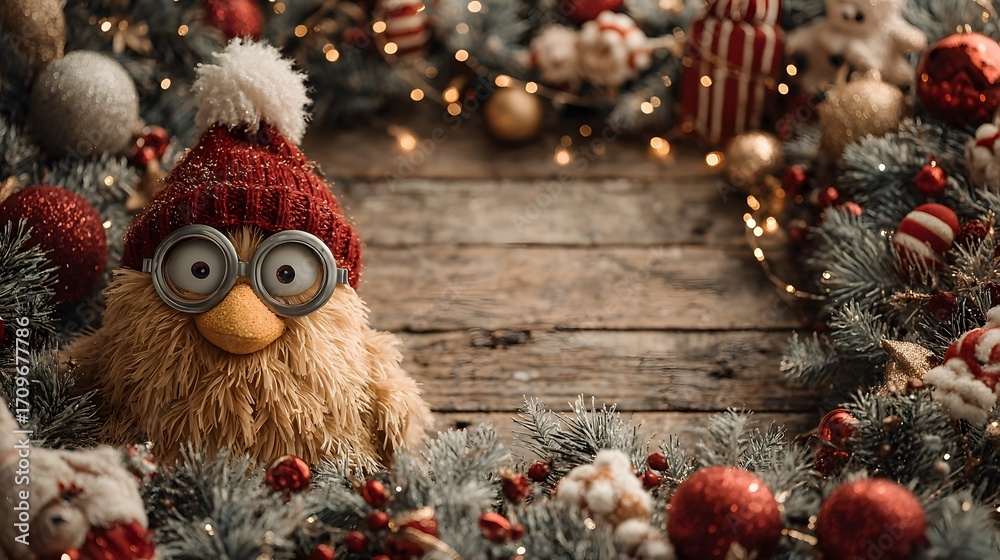 Obraz premium A cute fluffy creature wearing a red hat and goggles sits among festive Christmas decorations on a rustic wooden background.