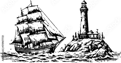 Vintage ship and lighthouse engraving with detailed line art. This vector illustration depicts a maritime scene by the ocean in a classic design.