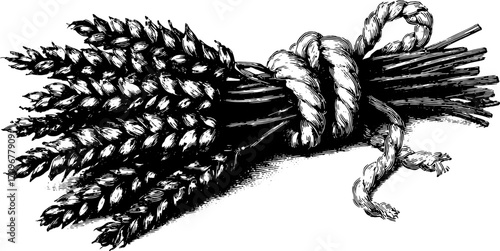 Vintage engraving of a wheat bunch tied with rope. Detailed line drawing illustration in a vector format, showcasing agriculture and nature.