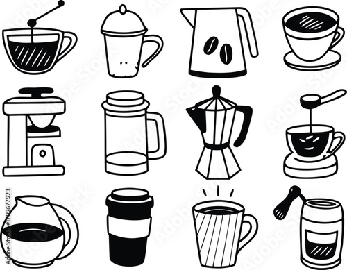Coffee Icons Set – Beans, Cups, Makers, Grinder, Packaging, Brewing Illustrations