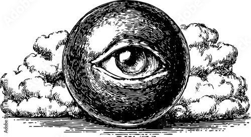 Vintage eye illustration within a circle surrounded by clouds. Detailed line engraving set showcasing a classic design element in vector art.