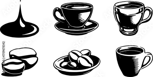 Vintage coffee cup and beans illustration in detailed line drawing style. Black and white vector set of beverages.