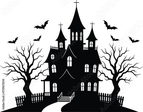 Spooky haunted house silhouette with bats flying, dead trees, eerie Halloween scene, dark mysterious atmosphere, creepy gothic mansion vector design