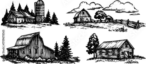 Barn and farmhouse surrounded by trees in a black and white vector illustration. Simple rural landscape with detailed scenery in a set.