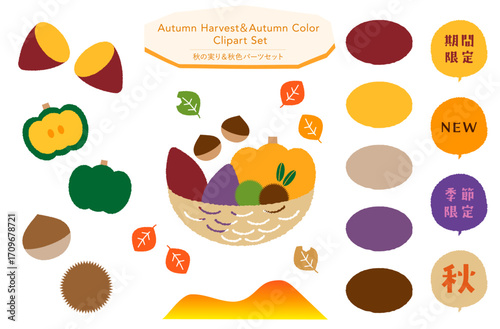 秋の実りイラストセット｜Autumn Harvest Fruits Clipart Set