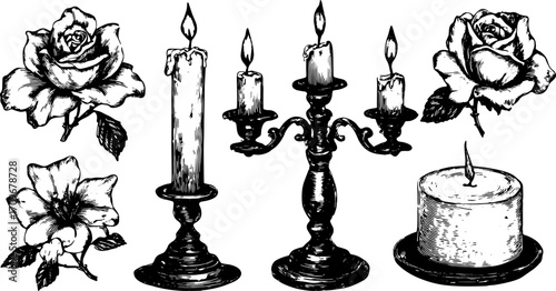 Vintage candle and rose engraving vector illustration. This detailed black and white set includes flowers and candlesticks with decorative designs.
