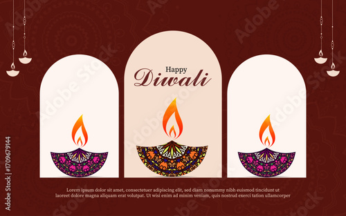 Happy Diwali festival banner design with decoration of hanging illuminated oil lamps and lights on beautiful pinkish red background for Diwali	
