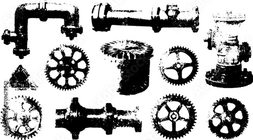 Vintage pipe and gear illustrations in black and white. Mechanical equipment set depicted in a detailed vector illustration.