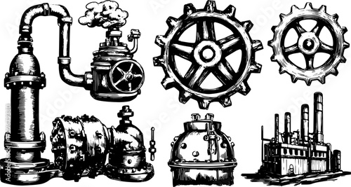 Vintage engine and factory equipment illustration. Detailed line drawing set with gears, pipes, and machinery in black and white vector style.