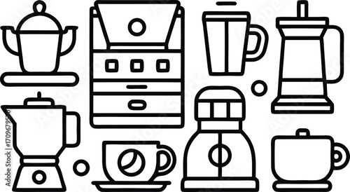 Coffee Icons Set – Beans, Cups, Makers, Grinder, Packaging, Brewing Illustrations