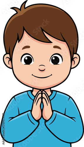 Cheerful Boy with Hands Pressed Together in Prayer or Greeting