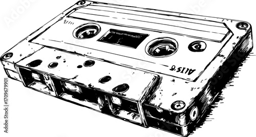 Vintage cassette tape illustration in black and white. Line drawing of classic music recording equipment in a flat vector style.