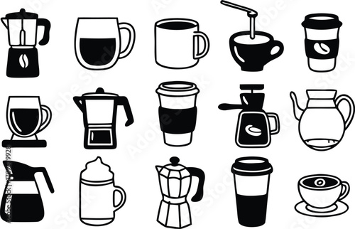 Coffee Icons Set – Beans, Cups, Makers, Grinder, Packaging, Brewing Illustrations