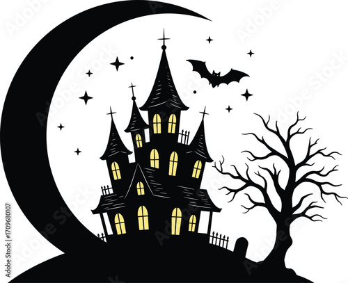 Spooky haunted house silhouette with glowing windows, crescent moon, flying bat, bare tree, graveyard, stars, Halloween night vector illustration