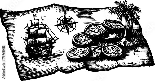 Vintage ship and treasure map vector illustration featuring coins, a compass, and an island. This classic engraving art showcases intricate details in outline style.