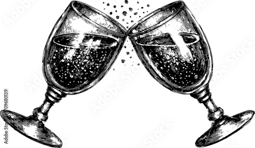 Vintage engraving of two glasses toasting with bubbly liquid. Elegant vector illustration suitable for celebration or festive events, featuring a detailed set outline.