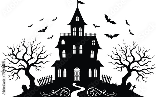 Spooky haunted house silhouette with flying bats, creepy trees, broken fence, graveyard tombstone, gothic Halloween night horror vector illustration design