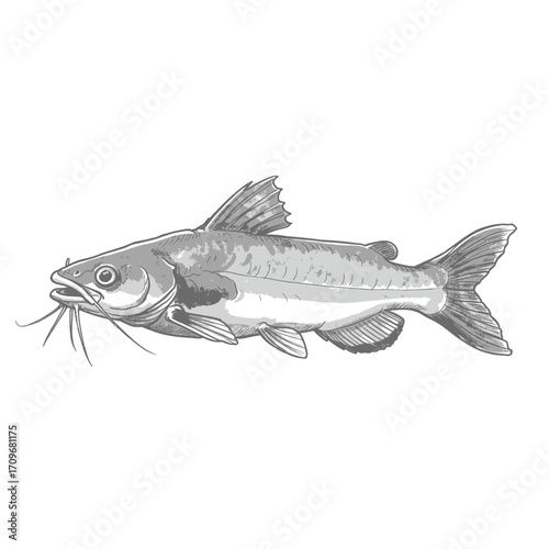 Side View Pencil Drawing of a Catfish with Distinctive Barbels
