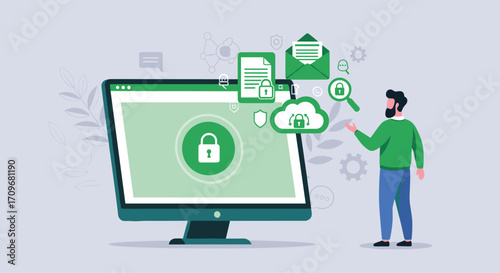 Cybersecurity expert securing cloud data and computer storage with digital protection services