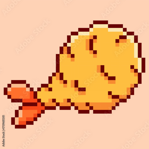 A delicious pixel art of a golden-fried tempura shrimp or ebi furai, in 8-bit retro aesthetic. This Japanese food sprite is perfect for any project related to Asian cuisine or seafood