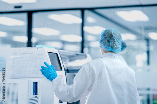 Canvas Print Two researchers in a GMP compliant cleanroom operate manufacturing equipment