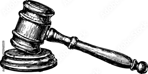 Vintage gavel representing law and justice. Detailed engraving in a classic style, ideal for legal-themed vector illustration.