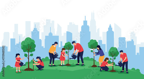 A diverse group of people plant trees in an urban park for environmental conservation.