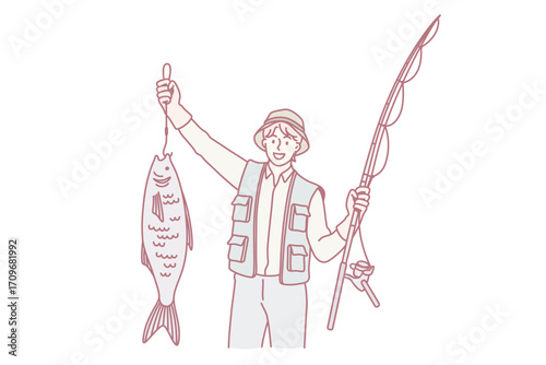 Great catch during fishing concept. Young smiling man cartoon character standing holding huge fish during fishing feeling lucky positive vector illustration
