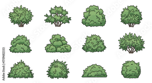 A collection of 12 pixel art style green bushes and shrubs perfect for adding natural elements to your game or digital designs.