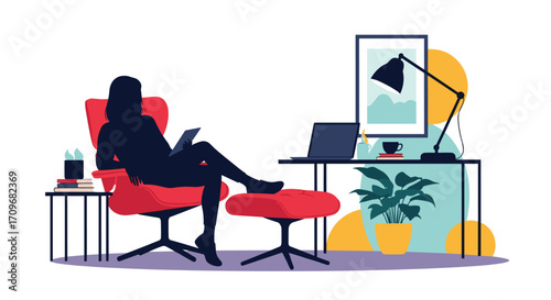 A person relaxing in a comfortable chair in a modern home office setup.