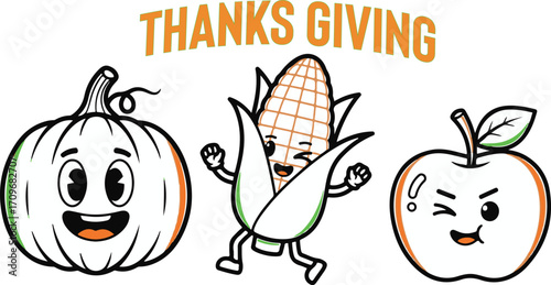Cute cartoon pumpkin corn and apple characters with thanksgiving text