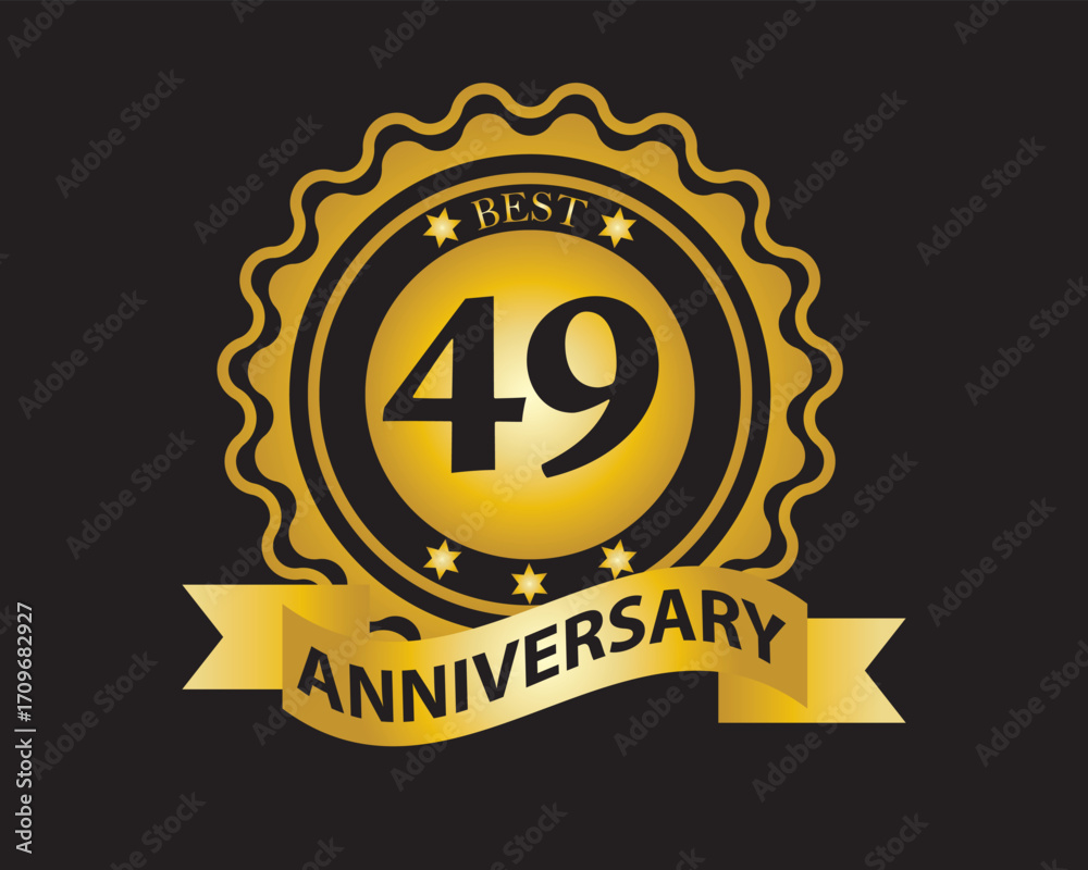 Naklejka premium 49th Anniversary Golden Badge. Best Anniversary Seal with Ribbon. Vector Illustration on Black Background