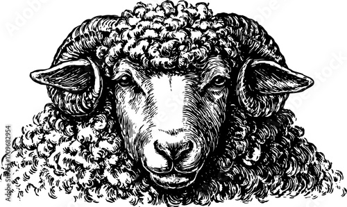 Sheep head illustration in black and white outline. Detailed vintage vector illustration for decorative purposes.