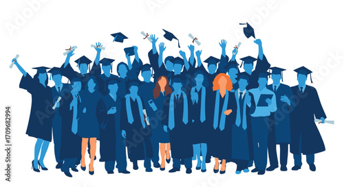 A diverse group of graduates in academic regalia celebrate their commencement.