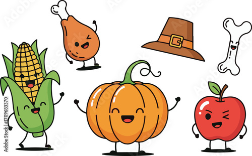 Cute thanksgiving food characters with happy faces and arms