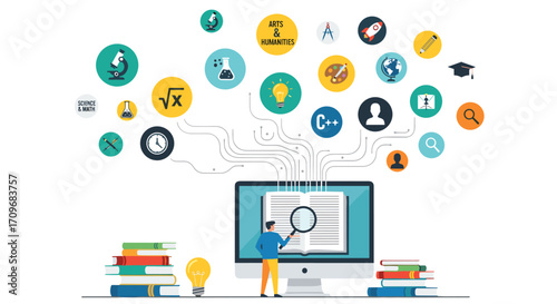 Digital cloud network connects online resources and data flow on computer screen