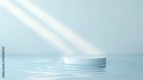 Minimalist white pedestal floats on tranquil water ripples bathed in soft diagonal light perfect for product display and serene branding, Generative AI.