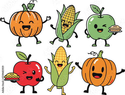Cute kawaii thanksgiving foods characters cheerful autumn harvest elements fun festive celebration