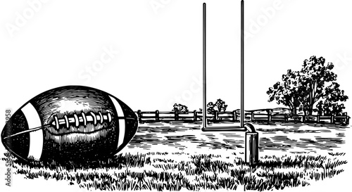 Football on a vintage field with a goalpost. Engraving style vector illustration depicting sports equipment in a grassy outdoor set.