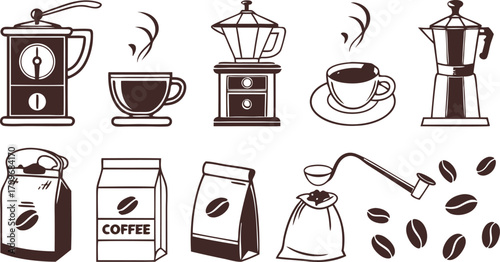 Coffee Icons Set – Beans, Cups, Makers, Grinder, Packaging, Brewing Illustrations