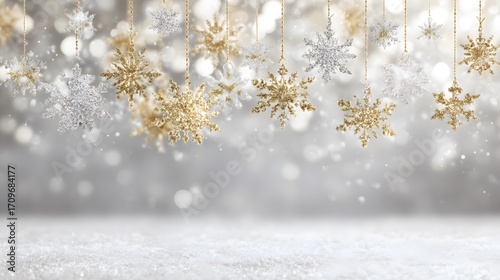 Glittering gold and silver snowflakes hang gracefully against a soft bokeh Christmas background, creating a festive winter scene.