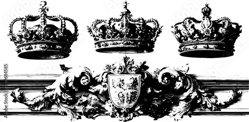Crown illustrations in elaborate black and white. Traditional vector design featuring royal symbols and motifs in a decorative set.