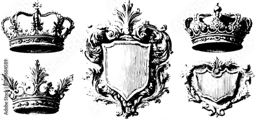 Ornate crown and shield designs in vintage style. Detailed vector illustration for decorative elements in a classic set.