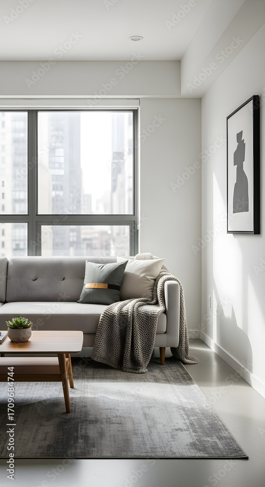 Fototapeta premium Sun-drenched minimalist city apartment interior with a comfortable grey sofa and stylish, modern decor