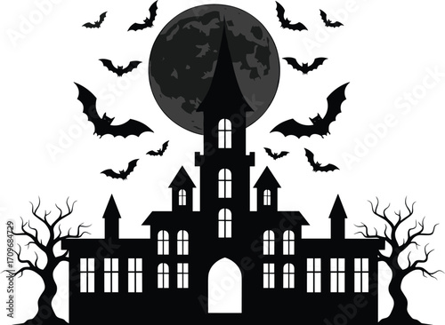 Spooky haunted house with bats flying around full moon and creepy trees, perfect for Halloween vector decorations and eerie themes.